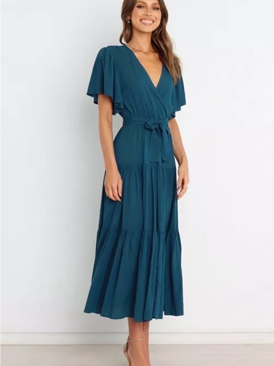 Petal & Pup Dresses & Skirts - NWT Petal & Pup Teal Wrap Midi Dress | Romantic Boho Coastal Vibes Size S